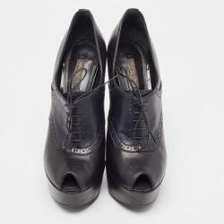 Louis Vuitton Black/Navy Blue Leather Peep Toe Platform Lace Up Booties Size 39