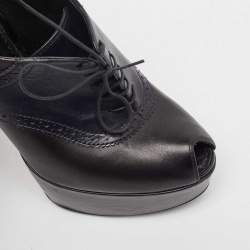 Louis Vuitton Black/Navy Blue Leather Peep Toe Platform Lace Up Booties Size 39