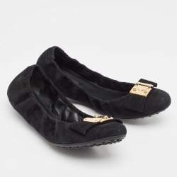 Pre Owned Louis Vuitton Black Suede Bow Scrunch Ballet Flats Size 39.5