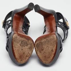 مملوكة مسبقًا Louis Vuitton Black Leather Laser Cut Platform Slingback Sandals Size 37.5