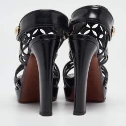 مملوكة مسبقًا Louis Vuitton Black Leather Laser Cut Platform Slingback Sandals Size 37.5