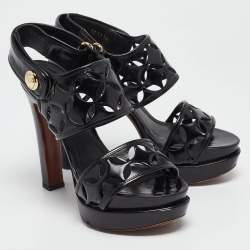 مملوكة مسبقًا Louis Vuitton Black Leather Laser Cut Platform Slingback Sandals Size 37.5