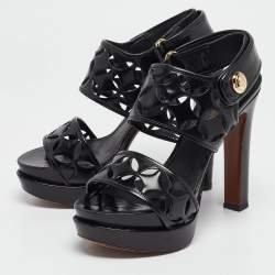 مملوكة مسبقًا Louis Vuitton Black Leather Laser Cut Platform Slingback Sandals Size 37.5