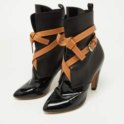 Pre Owned Louis Vuitton Black/Tan Leather and Patent Ankle Booties Size 37