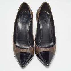 Pre Owned Louis Vuitton Brown/Black Coated Monogram Canvas and Patent Leather Fetish Pointed Toe Pumps Size 37.5