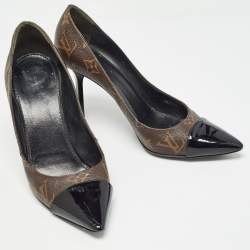 Pre Owned Louis Vuitton Brown/Black Coated Monogram Canvas and Patent Leather Fetish Pointed Toe Pumps Size 37.5