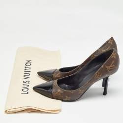 Pre Owned Louis Vuitton Brown/Black Coated Monogram Canvas and Patent Leather Fetish Pointed Toe Pumps Size 37.5