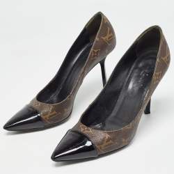 Pre Owned Louis Vuitton Brown/Black Coated Monogram Canvas and Patent Leather Fetish Pointed Toe Pumps Size 37.5