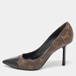 Pre Owned Louis Vuitton Brown/Black Coated Monogram Canvas and Patent Leather Fetish Pointed Toe Pumps Size 37.5
