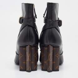 Pre Owned Louis Vuitton Black/Brown Leather and Monogram Canvas Studded Ankle Booties Size 37