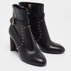Pre Owned Louis Vuitton Black/Brown Leather and Monogram Canvas Studded Ankle Booties Size 37