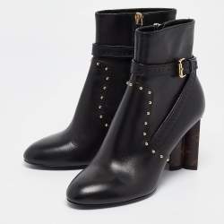 Pre Owned Louis Vuitton Black/Brown Leather and Monogram Canvas Studded Ankle Booties Size 37
