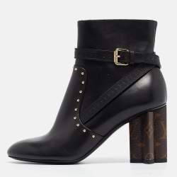 Pre Owned Louis Vuitton Black/Brown Leather and Monogram Canvas Studded Ankle Booties Size 37
