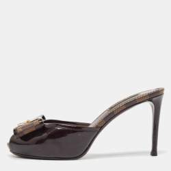 Louis Vuitton Brown Patent Leather and Damier Ebene Bow Slide Sandals Size 36
