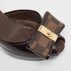 Louis Vuitton Brown Patent Leather and Damier Ebene Bow Slide Sandals Size 36