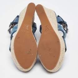 Pre Owned Louis Vuitton Blue Leather and Monogram Denim Starboard Wedge Sandals Size 38