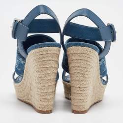 Pre Owned Louis Vuitton Blue Leather and Monogram Denim Starboard Wedge Sandals Size 38