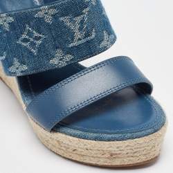 Pre Owned Louis Vuitton Blue Leather and Monogram Denim Starboard Wedge Sandals Size 38