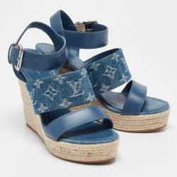 Pre Owned Louis Vuitton Blue Leather and Monogram Denim Starboard Wedge Sandals Size 38