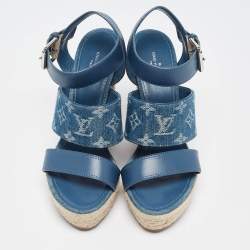 Pre Owned Louis Vuitton Blue Leather and Monogram Denim Starboard Wedge Sandals Size 38