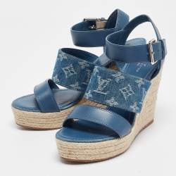 Pre Owned Louis Vuitton Blue Leather and Monogram Denim Starboard Wedge Sandals Size 38