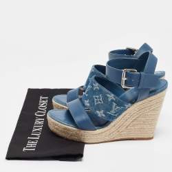 Pre Owned Louis Vuitton Blue Leather and Monogram Denim Starboard Wedge Sandals Size 38