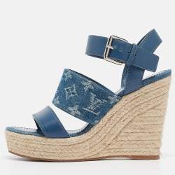 Pre Owned Louis Vuitton Blue Leather and Monogram Denim Starboard Wedge Sandals Size 38