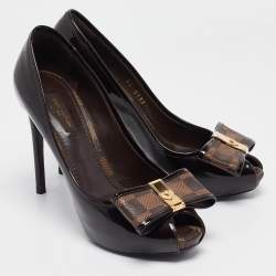 Pre Owned Louis Vuitton Brown Patent Leather Valentine Peep Toe Pumps Size 37