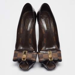 Pre Owned Louis Vuitton Brown Patent Leather Valentine Peep Toe Pumps Size 37
