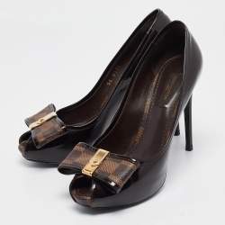 Pre Owned Louis Vuitton Brown Patent Leather Valentine Peep Toe Pumps Size 37