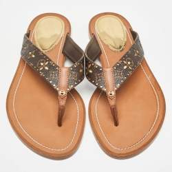 Pre Owned Louis Vuitton Brown Monogram Canvas Laser Cut Thong Flats Size 38