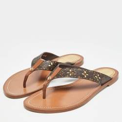 Pre Owned Louis Vuitton Brown Monogram Canvas Laser Cut Thong Flats Size 38