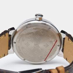 Louis Vuitton Brown Stainless Steel Leather Tambour Q1111 Women's Wristwatch 39 mm