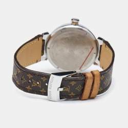 Louis Vuitton Brown Stainless Steel Leather Tambour Q1111 Women's Wristwatch 39 mm