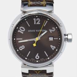 Louis Vuitton Brown Stainless Steel Leather Tambour Q1111 Women's Wristwatch 39 mm