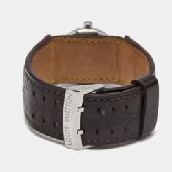 Pre Owned Louis Vuitton Brown Stainless Steel and Leather Tambour Q1211 Women's Wristwatch 28 mm