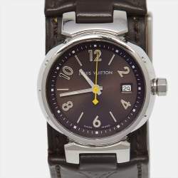 Pre Owned Louis Vuitton Brown Stainless Steel and Leather Tambour Q1211 Women's Wristwatch 28 mm
