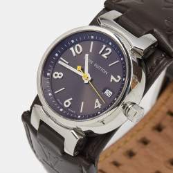 Pre Owned Louis Vuitton Brown Stainless Steel and Leather Tambour Q1211 Women's Wristwatch 28 mm