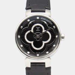 Pre Owned Louis Vuitton Tambour QA018Z Quartz Black Stainless Steel Women's Wristwatch 28 mm