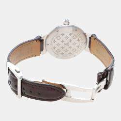 Pre Owned Louis Vuitton Tambour Q1319 Quartz Brown Diamonds Stainless Steel Women's Wristwatch 28mm