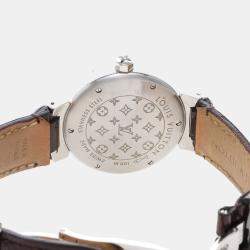 Pre Owned Louis Vuitton Tambour Q1319 Quartz Brown Diamonds Stainless Steel Women's Wristwatch 28mm