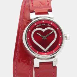 Pre Owned Louis Vuitton Tambour Q121Z Quartz Red Stainless Steel Women's Wristwatch 28 mm