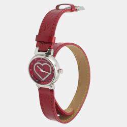 Pre Owned Louis Vuitton Tambour Q121Z Quartz Red Stainless Steel Women's Wristwatch 28 mm
