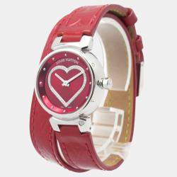 Pre Owned Louis Vuitton Tambour Q121Z Quartz Red Stainless Steel Women's Wristwatch 28 mm