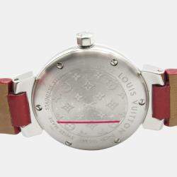 Pre Owned Louis Vuitton Tambour Q121Z Quartz Red Stainless Steel Women's Wristwatch 28 mm