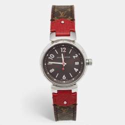 Pre Owned Louis Vuitton Tambour Q1329 Brown Dial Stainless Steel Leather Women's Wristwatch 34 mm