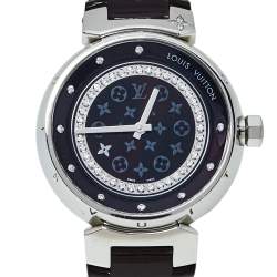 Louis Vuitton Black Stainless Steel Diamond Tambour Q1319 Women's Wristwatch 34 mm