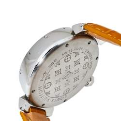 Louis Vuitton Brown Stainless Steel Alligator Skin Leather Tambour Q1121 Women's Wristwatch 41 mm
