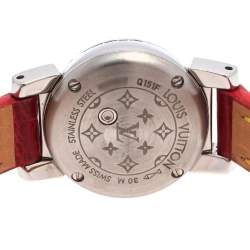 Louis Vuitton Mother Of Pearl Stainless Steel & Leather Diamonds Tambour Bijou Q151F Women's Wristwatch 18 mm
