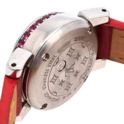Louis Vuitton Mother Of Pearl Stainless Steel & Leather Diamonds Tambour Bijou Q151F Women's Wristwatch 18 mm
